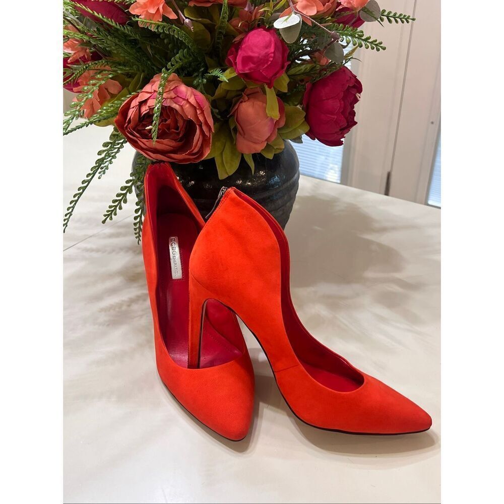 BCBGeneration Women's Leather Pointed Toe Conrad Zip Heel Pumps Red Size 9.5